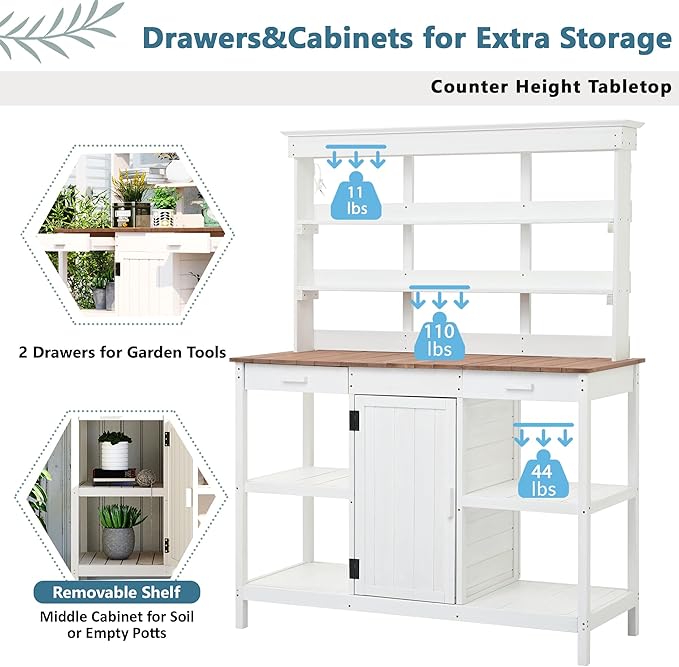 66" Outdoor Potting Bench Workstation - Farmhouse Style Wooden Garden Table with Drawers, Cabinet & Open Shelves (White + Solid Wood + naturalwood Color)