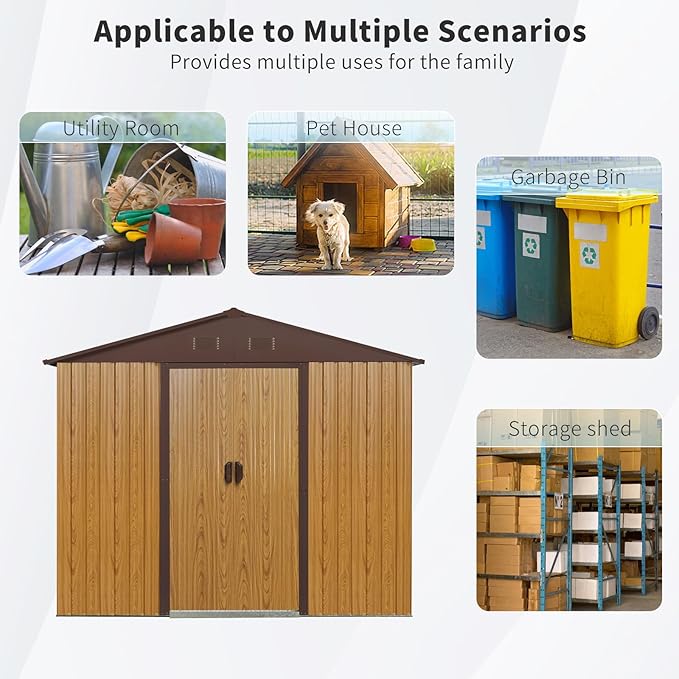 Outdoor Storage Shed, 8x4ft Metal Storage Shed with Vents and Metal Foundation, Lockable Sliding Door, All Weather Tilted Roof Tool Shed for Backyard, Patio, Lawn, Coffee