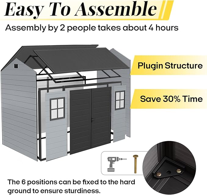 8x6ft Resin Outdoor Storage Shed with Floor and 2 Windows, Plastic Sheds & Outdoor Storage Clearance for Patio Furniture, GardenTools, Bike Accessories and Lawn Mower, Black+Grey