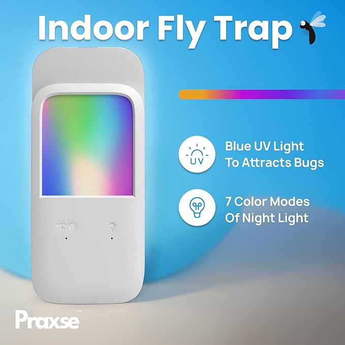 Plug-in Fly Trap & Nightlight - Indoor Insect Catcher for Mosquitoes, Gnats, Fruit Flies with RGB Night Lamp for Home, Kitchen, Office (White, 1 Bug Light Device with 5 Sticky Pads)