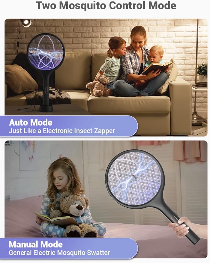 YISSVIC Electric Fly Swatter Bug Zapper Racket Dual Modes Mosquito Killer with Purple Mosquito Light Rechargeable for Indoor Home Office Backyard Patio Camping