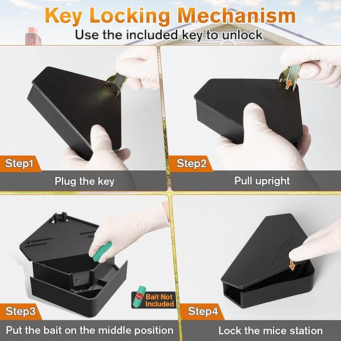 Mouse Station with Keys Black 4 Pack, Key Required Mouse Stations, Mice Stations, Keeps Children and Pets Safe Indoor & Outdoor