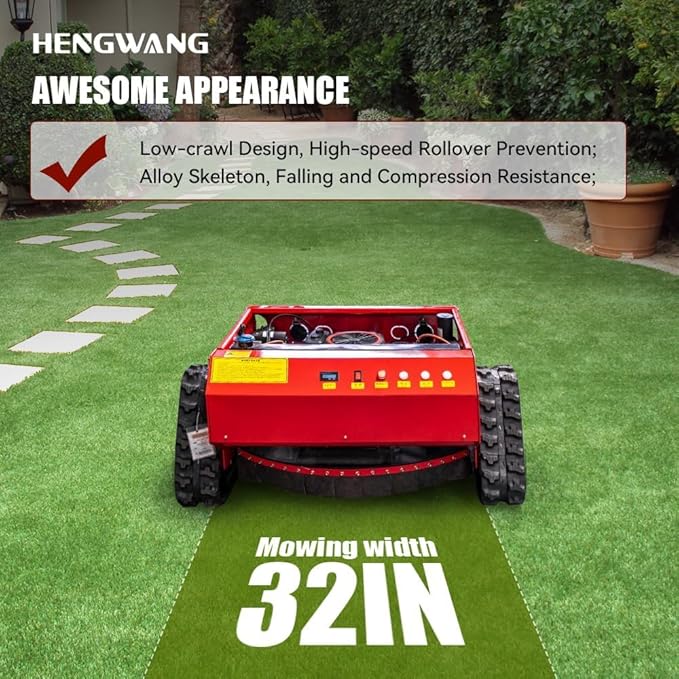 Lawn Mower, Remote Control Lawn, Small Crawler Oil-Electric Hybrid Four-Wheel Drive Lawn Mowing and Weed Whacker, All Terrain Grass Cutter Yard Mower, 50° Climbing (SKD-452-80L)