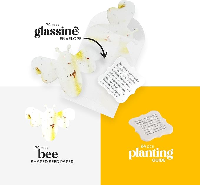 Set of 24 – Plantable Seed Paper Embedded with Wildflower Seeds for Bridal Shower, Wedding Gift, Birthday, & Other Milestone Celebrations (Yellow - Bee Set)