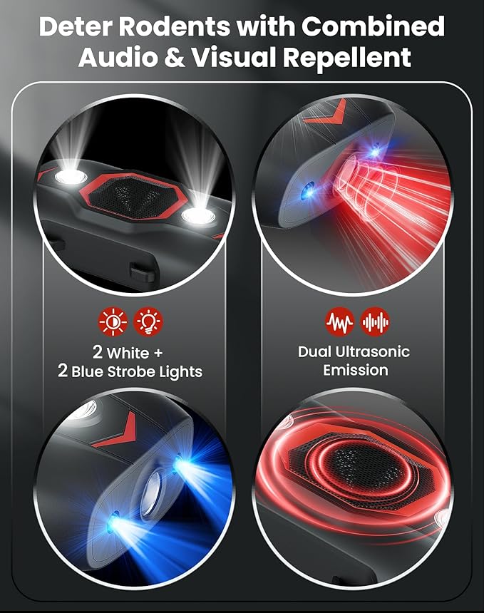 2 Pack Ultrasonic Rodent Repellent for Car Engines, Under Hood Mouse Repellent with 4 LED Strobe Lights, USB Powered, Keep Rats, Mice and Squirrels Away from Vehicles, RVs, Garages, Attics (2, Black)