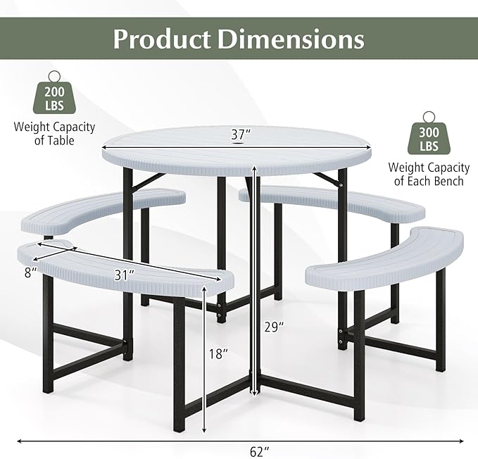 Giantex Picnic Table Bench Set for 4-8 Person, Round 37” Outdoor Dining Table w/Umbrella Hole, HDPE Tabletop, Metal Frame, Patio Furniture Set for Backyard Porch Lawn, 1400lb Capacity (Gray,Round)