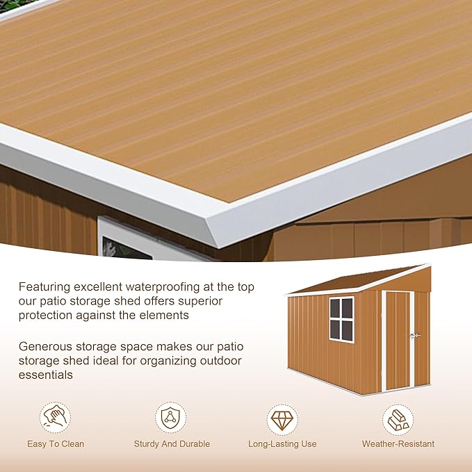 8x4 FT Outdoor Steel Storage Shed with Clear Windows, Outswing Lockable Door & Ventilation, Brown and White Weather-Resistant Metal Tool Shed for Garden, Backyard, Lawn, and Utility Storage