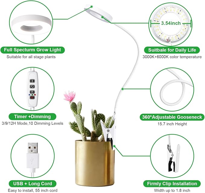Halo Ring Grow Lights Pot Clip for Small Indoor Plants, 48LEDs Full Spectrum Plant Light with 360 Degree Gooseneck, 10 Dimmable, 3/9/12H Timer, 3000K+6000K, 2.54 Inch Angel Ring 1 Pack (White)
