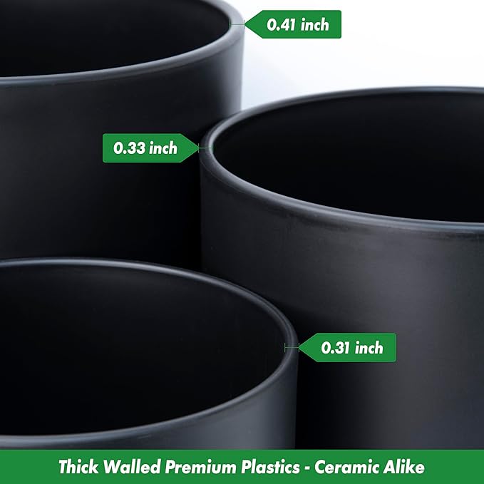 D'vine Dev 10 Inch 12 Inch 14 Inch, Set of 3 Plastic Planter Pots for Plants with Drainage Hole and Seamless Saucers, Black Color, XX-Large, 74-V-B-6