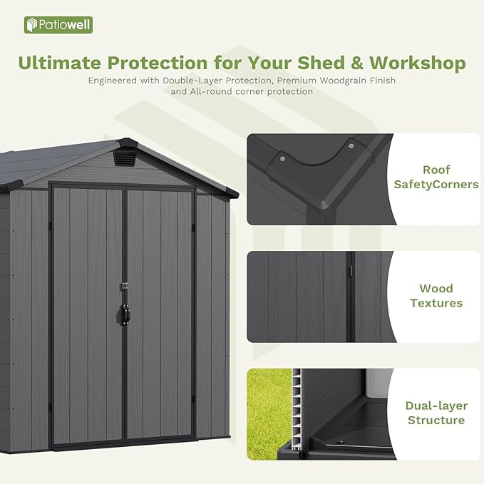 Patiowell 6 x 10 FT Outdoor Plastic Storage Shed with Floor - Lockable Resin Tool Shed, 2 Windows, Easy Assembly for Garden/Backyard (Dark Grey)