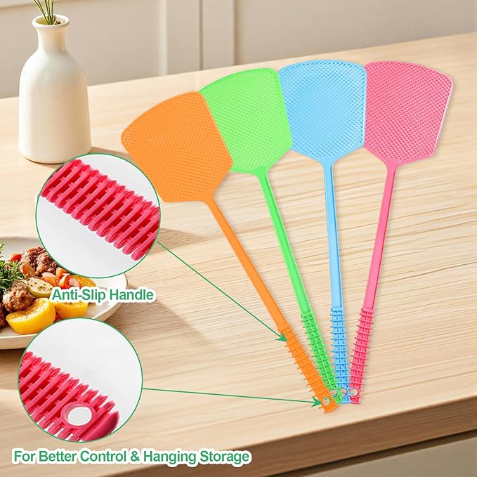 4 Pack Heavy Duty Fly Swatters, Extra Long 17.7in Plastic Bug Swatter with Non-Slip Handle – Indoor/Outdoor Manual Insect Tool, Durable & Reusable (Colorful)