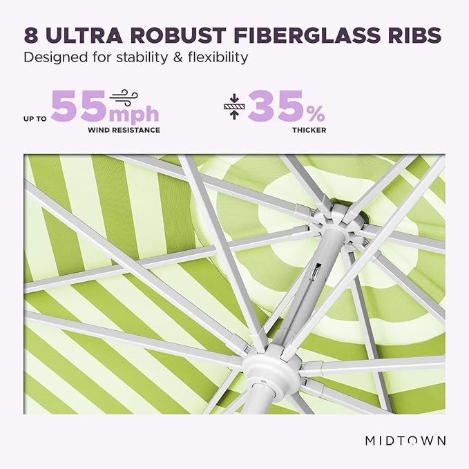 Midtown Umbrellas The Swilt 8 Feet Patio Umbrella in Terylast Pear Stripes (Green/White) Polyester Fabric - Fiberglass Ribs, Auto-Tilt Aluminum Frame For Backyard, Deck, Garden, Pool - White Pole