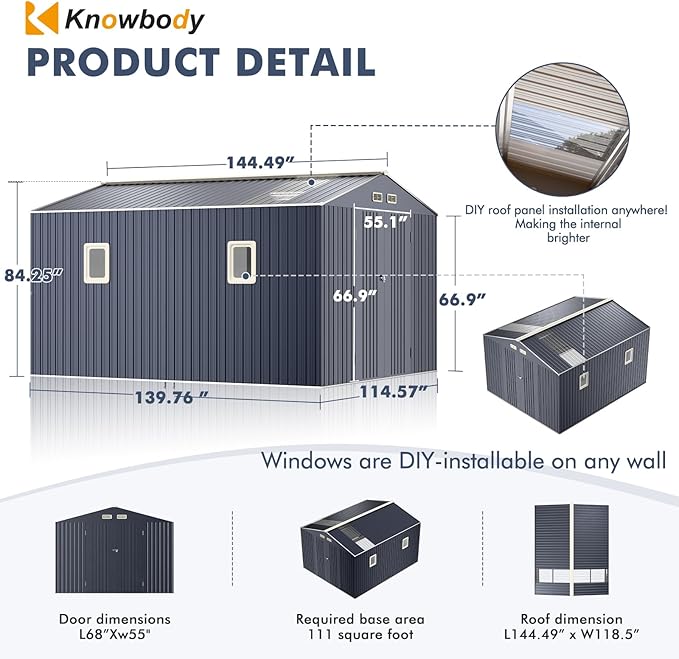 10x12 Metal Shed with Floor Frame Kit, Reinforced Construction - Translucent Roof Panels for Natural Light, Lockable Doors, Vents and Windows | Weatherproof Outdoor Storage for Garden/Backyard/Patio