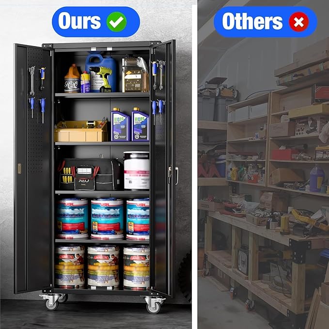 Metal Garage Storage Cabinet with Wheels and Pegboard, 72" H Rolling Steel Storage Cabinet with 4 Adjustable Shelves and Lockable Door for Garage, Office, Home,Required Assembly,Black
