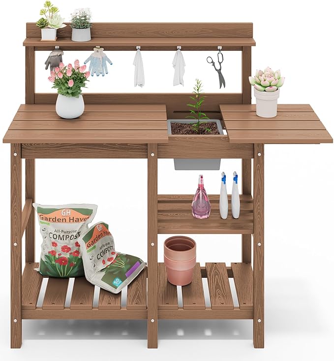 SERWALL Potting Bench Outdoor Potting Table with Sink, HDPE Teak Potting Benches for Outside Gardening Table All Weather Use- Brown