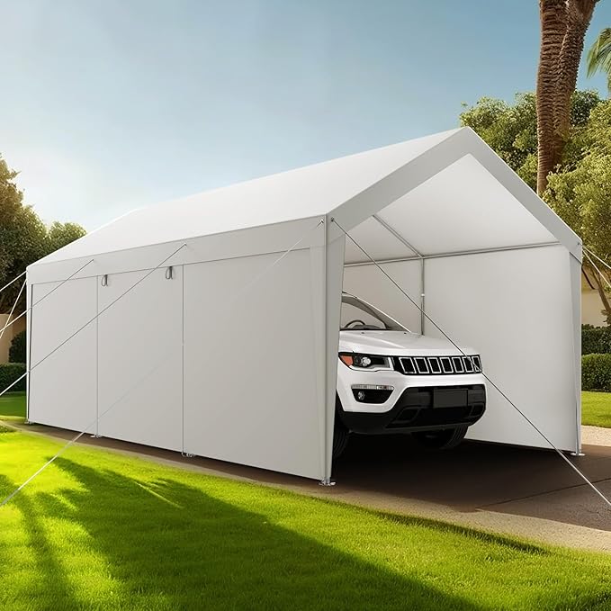 VEVOR Carport, 12 x 20 FT Outdoor Car Canopy, Potable Carport with Removable Sidewalls & Door, Heavy Duty Car Shelter, UV-Resistant & Water-Resistant, All-Season Protection for Automobile Boat White