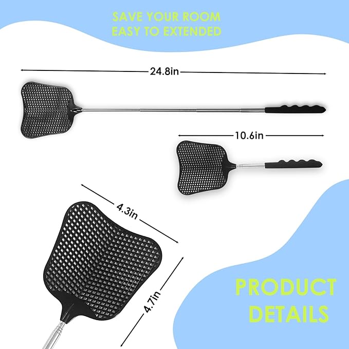 Wapodeai 2 Pack Fly Swatters Heavy Duty Set, Telescopic Fly Swatter, Stainless Steel Handle for Flyswatter (Blue & Black)