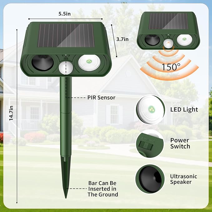 Solar Ultrasonic Animal Repellent, Deer Repellent Devices Waterproof with Motion Detection, Cat Repeller Outdoor Squirrel Skunk Rabbit Raccoon Dog Mouse Deterrents Animal Repeller for Yard, 1 Pack