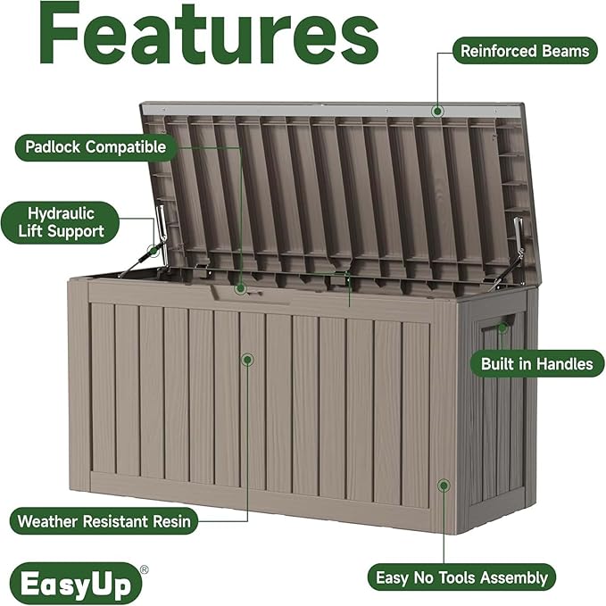 80 Gallon Outdoor Storage Box Waterproof, UV Resistant Resin Deck Box with Hydraulic Rod, Reinforced Stability for Patio, Garden, Striped Gray