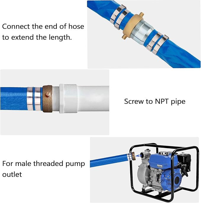 DAVCO 1.25" ID x 50 ft Pool Backwash Hose, Heavy Duty Reinforced Blue PVC Lay Flat Water Discharge Pump Hoses For Swimming Drain Pools and Clean Filters, with Brass NPT Pin Lug and KC Nipple Fittings