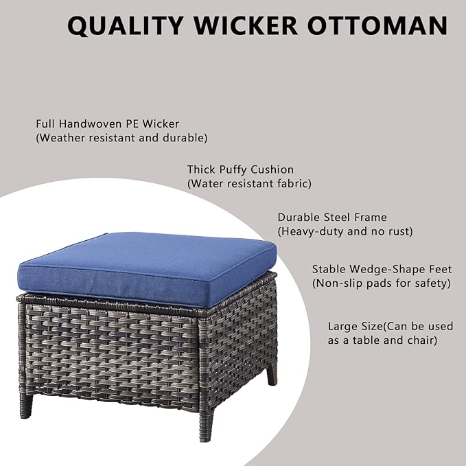 Wicker Outdoor Patio Furniture Set - 5 Piece Patio Conversation Sets with Swivel Rocker Chairs, Ottomans and Side Table, 6 inch Cushions, Waterproof Wicker, for Porch Deck Mixed Grey/Blue