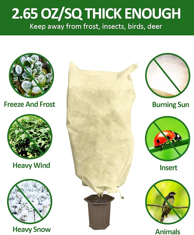 EAONE 12 Pack Plant Covers Freeze Protection, 24x32'' Winter Frosts Cloth for Outdoor Plants, Reusable Frost Blankets Drawstring Bags for Cold Freeze Sun Protection Bird Insect Prevention,Beige