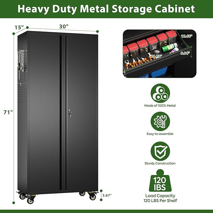 71" H Garage Storage Cabinet with Wheels and Doors,Metal Tool Storage Cabinet with Pegboard and Drawer for Garage Warehouse Home,Required Assembly,Black