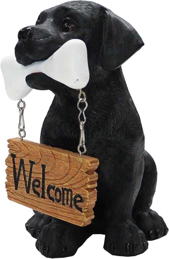Nature's Mark Black Labrador Retriever Dog Puppy Statue with Welcome Sign Resin Garden Statue Decor 6.7" H