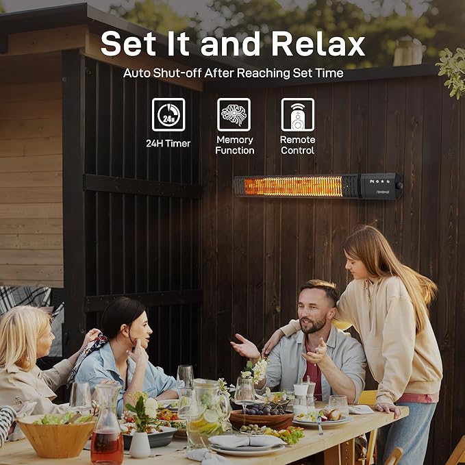 Infrared Heater 1500W with Remote, 2.5s Instant Heat & Memory Function, Electric Patio Heater 4 Heat Levels, IP65 Waterproof - Indoor/Outdoor Space Heater for Garage, Backyard, Black