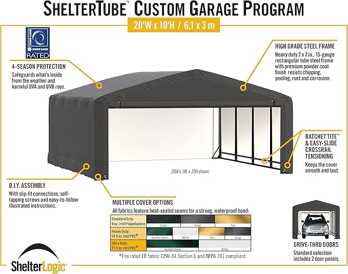 ShelterLogic ShelterTube Garage & Storage Shelter, 20' x 27' x 10' Heavy-Duty Steel Frame Wind and Snow-Load Rated Enclosure, Gray