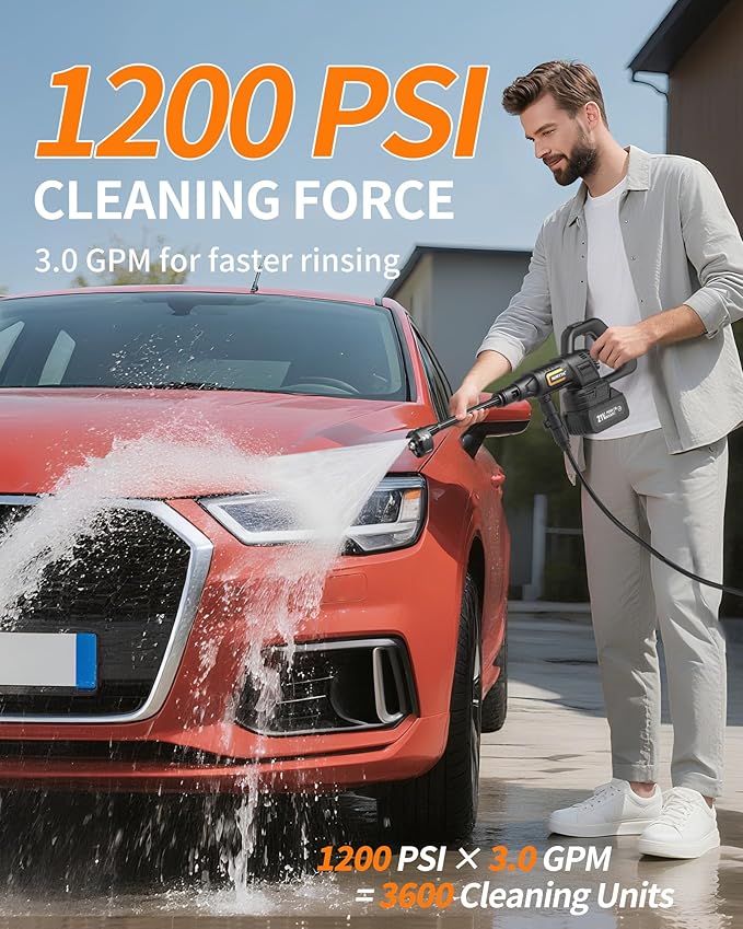 Cordless Pressure Washer Battery Powered; 1200PSI Cordless Power Washer with Brushless Motor, 4.0Ah Battery,6-in-1 Nozzle, 3 Power Level; Handheld Portable Pressure Washer Cordless (5022-BK3)