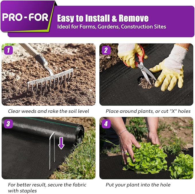 Heavy Duty Weed Barrier Fabric 4ft x 50ft, Landscape Ground Cover for Gardens & Driveways, Premium Weed Control with 10 U Shaped Staples