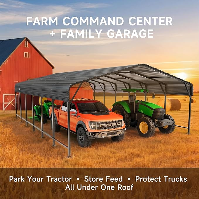 20x30 FT Metal Carport, Enhanced Base and Steel Roof for All-Weather Use, Outdoor Heavy Duty Garage Galvanized Car Shelter for Bass Boats, Full-Sized Pickup Trucks, and Tractors