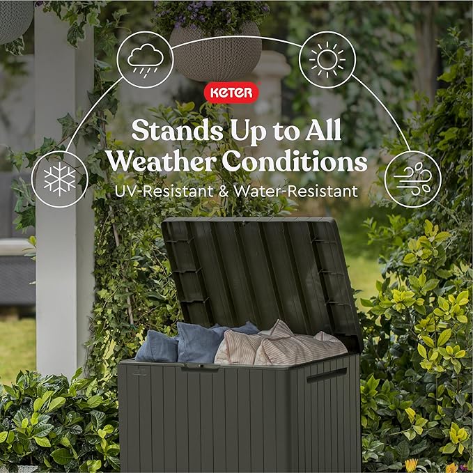 Keter City 30 Gallon Resin Outdoor Storage Box and Patio Furniture Side Table for Pool and Garden Accessories, Mossy Brown