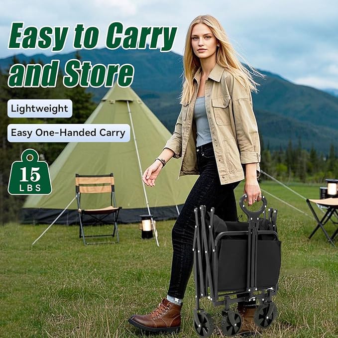 Collapsible Wagon Cart Foldable 37" L 480lbs Capacity, Heavy Duty Beach Wagon, Shopping Carts with Wheels for Grocery, Camping, Shopping, Beach, Fishing, Garden Cart