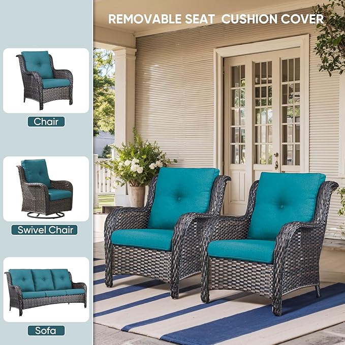 9-Piece Outdoor Patio Cushion Set - Fade & Water Resistant with Removable Olefin Cover, 22x24x4 Inch Memory Foam Cushions for Wicker Sectional Sofa – Peacock Green/Buckle