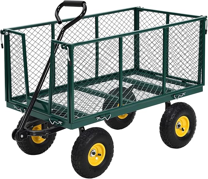 Heavy Duty Steel Garden Cart, 1100LBS Pullable Metal Garden Wagon with 10" Wheels, 180° Rotating Handle and Removable Sides for Outdoor, Farm, Yard, Beach 