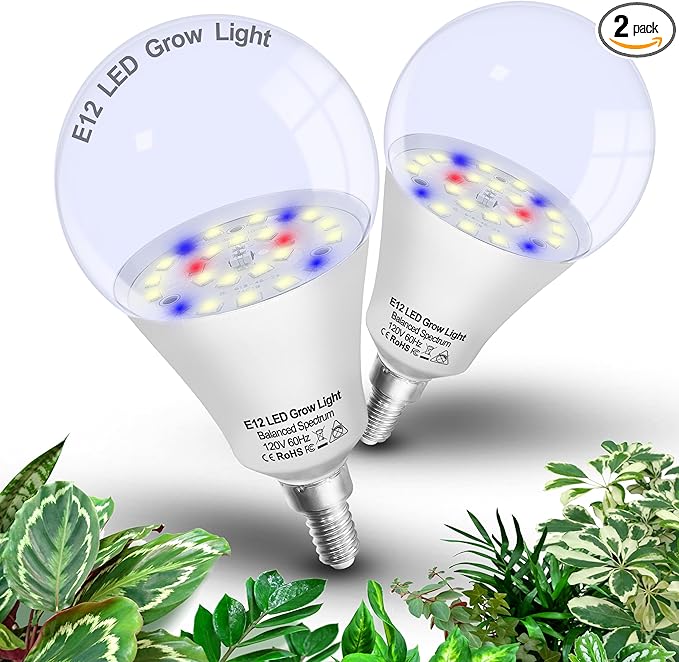 Full Spectrum Small Base E12 Candelabra Plant Grow Light Bulbs,Red Blue Yellow 5000K White Plant Growing Lamp Bulbs 10W with Balanced Spectrum for Indoor Seeds Greens Laboratory,School,Greenhouse,2Pcs
