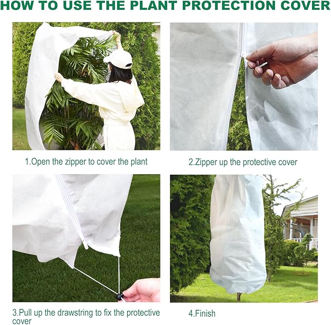 2 Packs Plant Covers Freeze Protection, 47"W X 70"H Large Frost Blankets 2.47oz/yd² with Zipper Drawstring, Reusable Frost Cloth Winter Tree Covers Shrub Jackets for Outdoor Plants Fruit Tree Potted