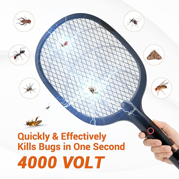 Electric Fly Swatter Racket, Rechargeable Fly Zapper - 4000 Volt, Exclusive 2-in-1 Bug Zapper Racket - USB Charging, 1800mAh Li-Battery, Indoor & Outdoor Use, Black