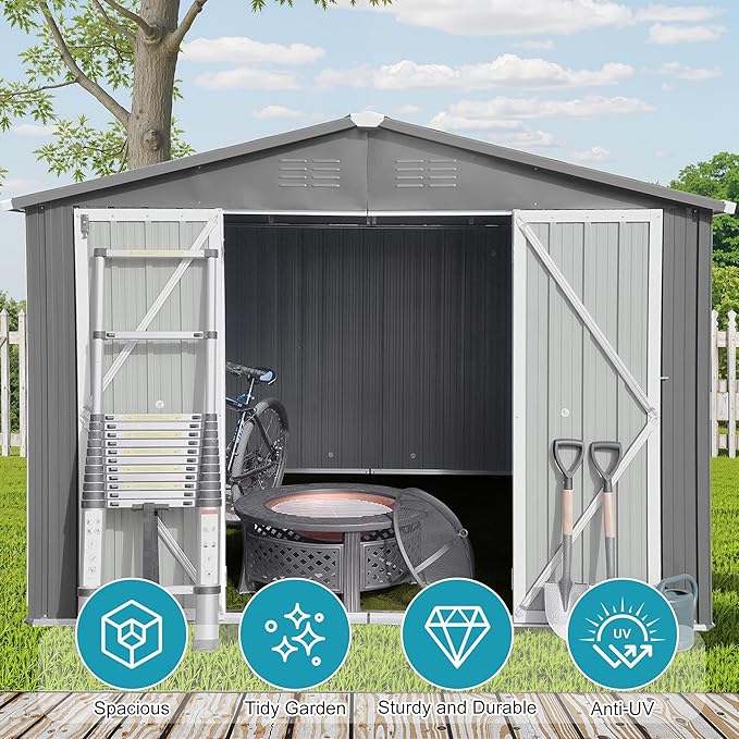 10x12 FT Outdoor Storage Shed, Metal Tool Shed with Lockable Doors & Peaked Roof, Garden Shed with Vented Design for Backyard Garden Patio Lawn, Gray