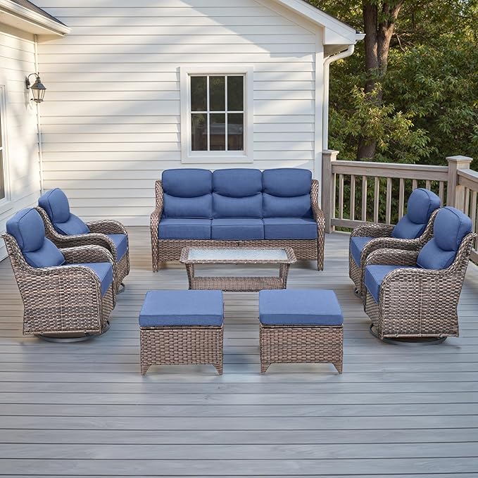 Wicker Outdoor Patio Furniture Set - 8 Piece Patio Conversation Sets with Swivel Rocker Chairs, Ottomans, Sofa and Table, 6 inch Cushions, Deep Seating, for Porch Deck Brown/Blue