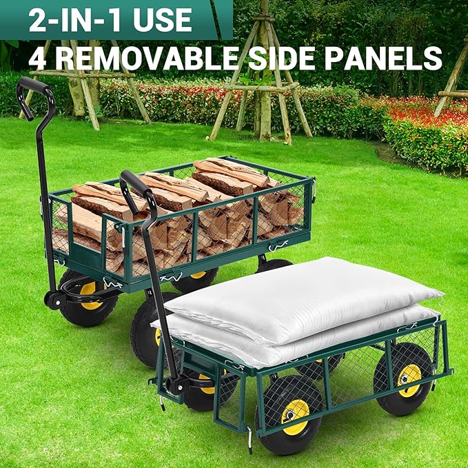 Heavy Duty Steel Garden Cart, 550LBS Pullable Metal Garden Wagon with 10" Wheels, 180° Rotating Handle and Removable Sides for Outdoor, Farm, Yard, Beach 