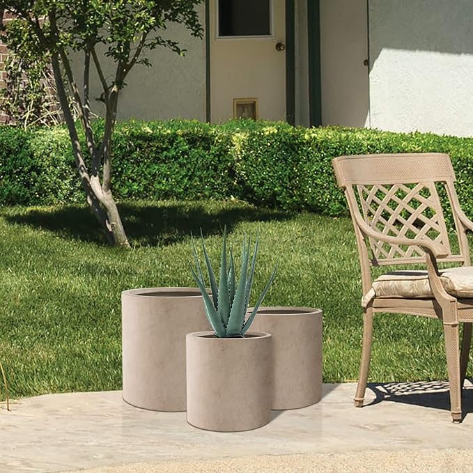 Kante 9.8",12.6",15.7" Dia Round Concrete Planter Set of 3, Modern Design Large Cylindrical Plant Pot with Drainage Hole for Indoor Outdoor Plants, Patio, Garden and Home, Weathered Concrete