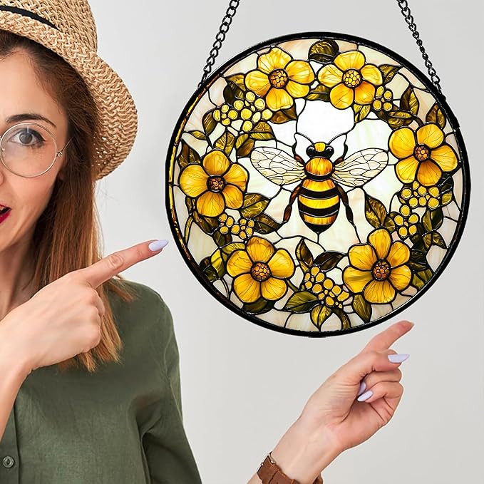 Stained Glass Window Hanging - Yellow Flowers Surrounded by Bees Sun Catcher for Door Garden Home Decor Cute Suncatcher Christmas Mother's Day Birthday Gifts for Women Men Mom Nana 11.8 in
