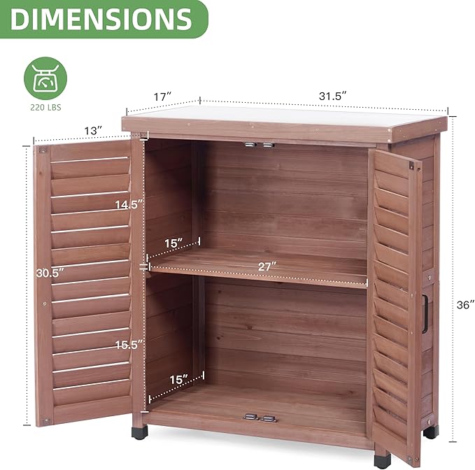 Potting Bench with Storage Cabinet and Metal Table Top for Outdoor Patio, Garden Furniture Wood Workstation (Dark Brown, 31x17x36)
