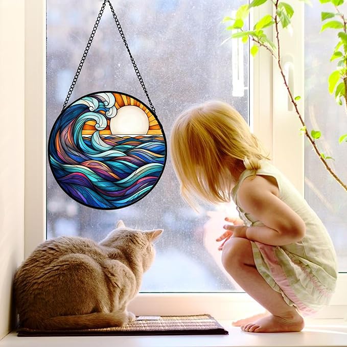 Stained Glass Window Hanging, Big Wave Sun Suncatcher Diamond Glass Panel Hangings Abstract Sun Catchers Decor for Birthday for Women, Men, Wife, Aunt, and Mom 9.8 in