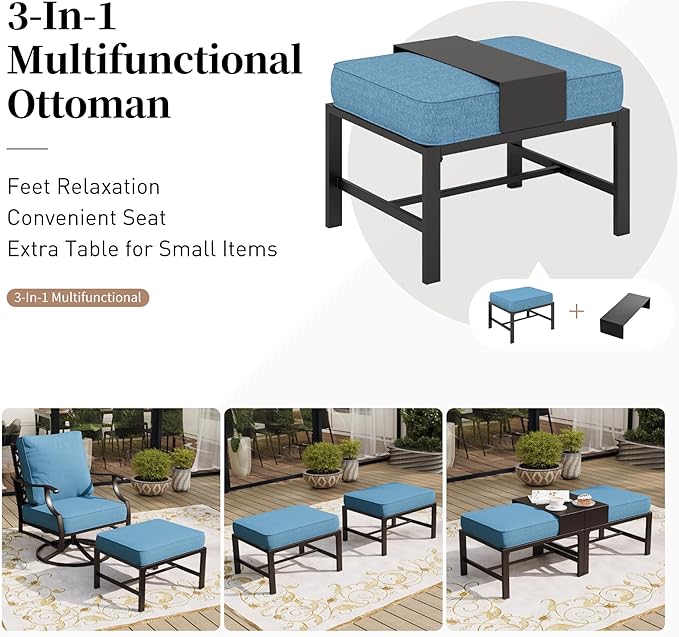 7 Piece Metal Outdoor Patio Furniture Sets, Patio Conversation Sets 1 3-seater Sofa, 2 Fixed Chair, 2 Rocking Chair, 2 Ottomans with 5.75" Thick Cushion, Black Backyard Furniture, Navy