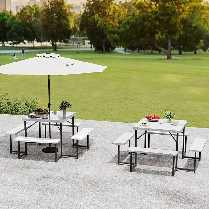 Tangkula 8 Person Picnic Table, HDPE Outdoor Square Table and Bench Set with 4 Built-in Benches, Umbrella Hole, Metal Frame for Garden Yard Patio Lawn
