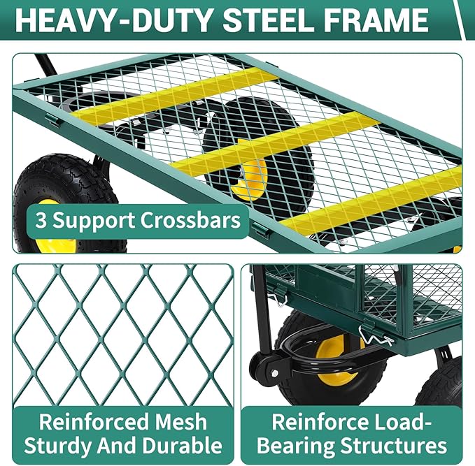 Heavy Duty Steel Garden Cart, 550LBS Pullable Metal Garden Wagon with 10" Wheels, 180° Rotating Handle and Removable Sides for Outdoor, Farm, Yard, Beach 
